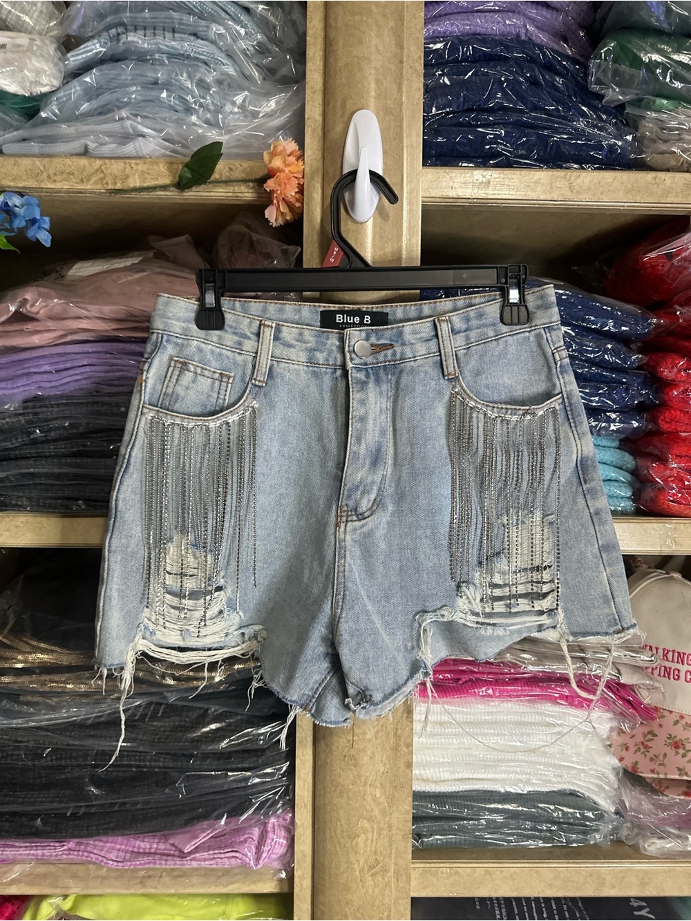 Blue B Light Wash Distressed Jean Shorts with Fringe Chains